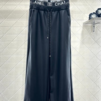Ribbon drawstring wide leg leather pants