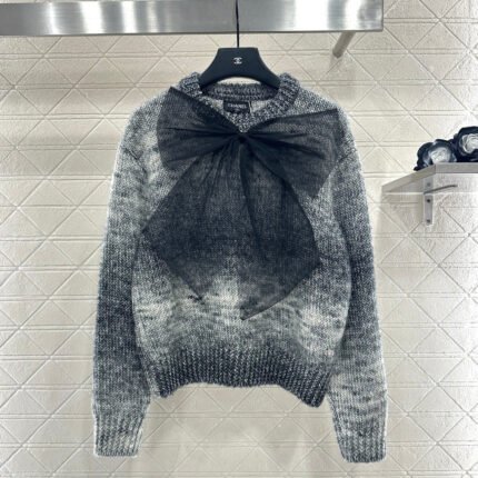 Mesh bow dyed round neck sweater