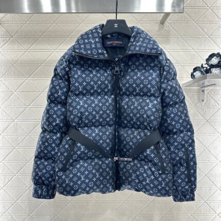 Jacquard Down Jacket with Lapel and Belt