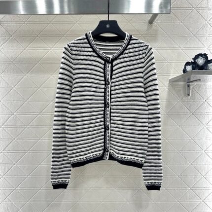 Striped contrasting knit round neck cardigan