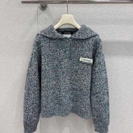 Beaded Logo Navy Collar Knitted Sweater