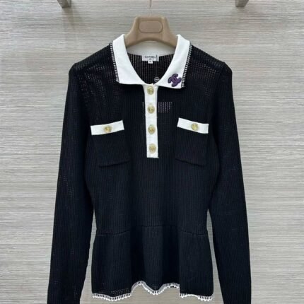 Embroidered mesh knitted long sleeved shirt