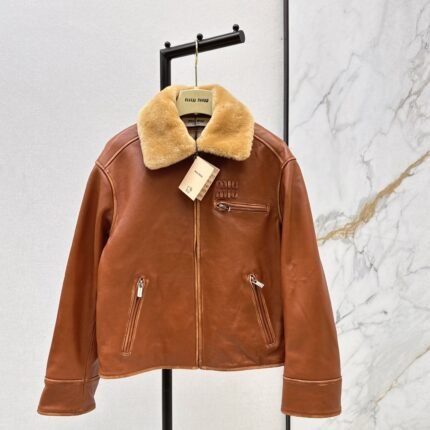 25 New fur collar motorcycle jacket sheepskin jacket(KHAKI/BLACK)