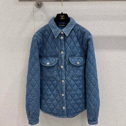 Diamond-patterned quilted denim shirt jacket