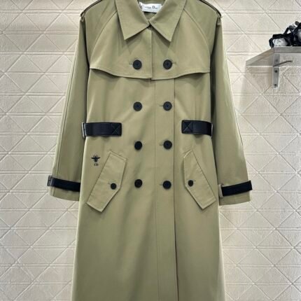 Leather buckle long trench coat